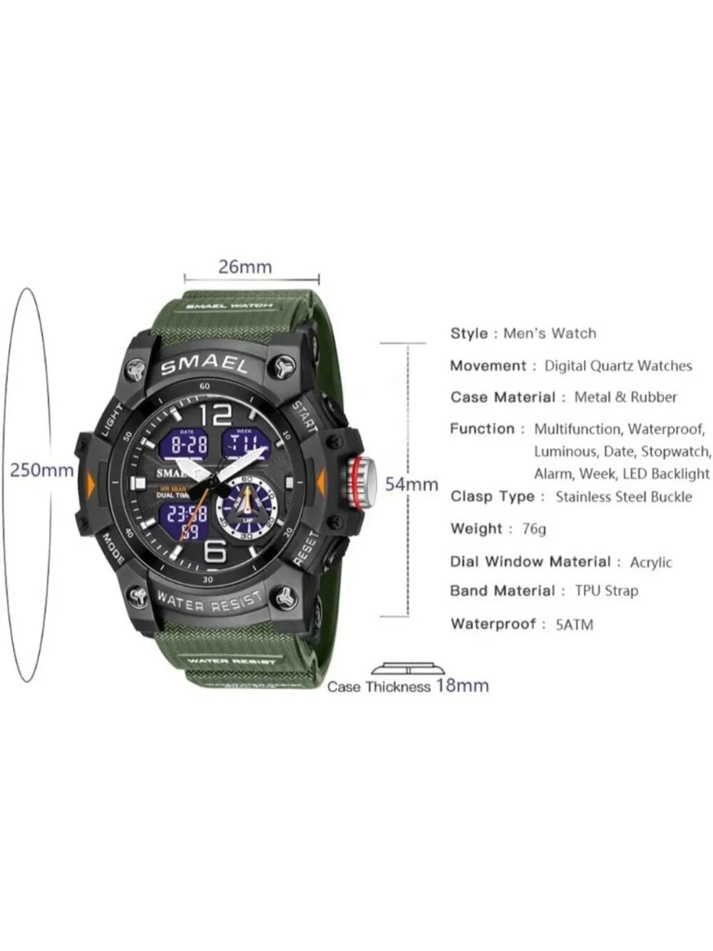 Men Army Green Analog Quartz S-Shock Waterproof Outdoor Sports LED Digital Watch